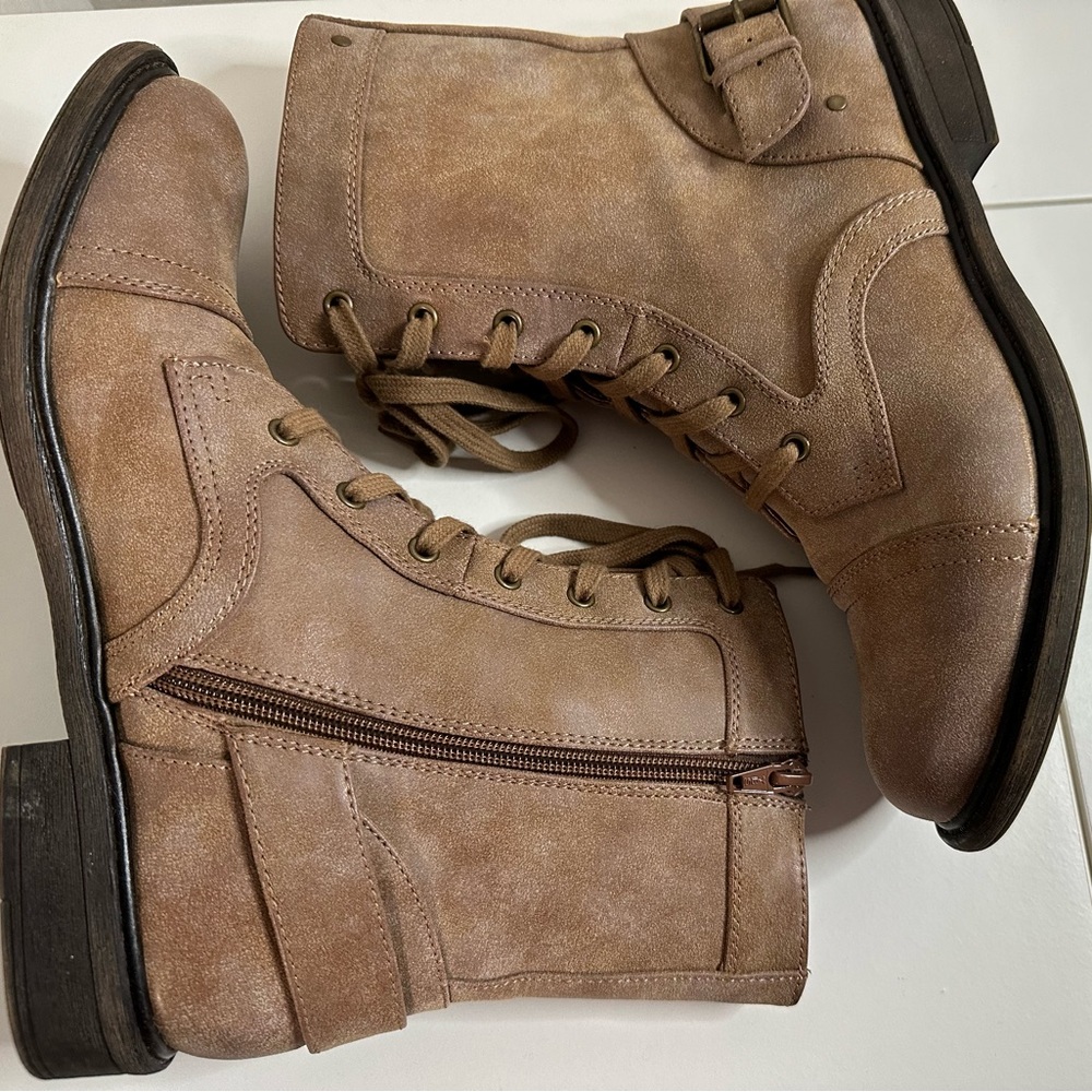 Material Girl Suede Lace up with Buckle Boots. Size 10 Color Congac